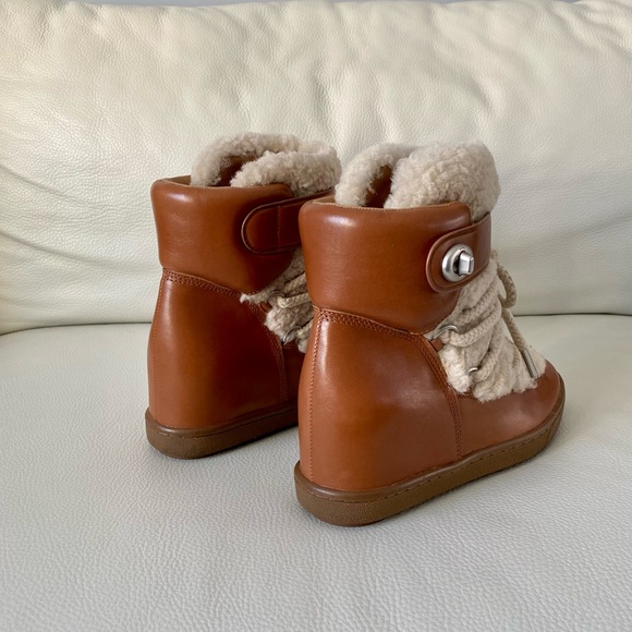 Coach Monroe Shearling Lace Up Wedge Booties, Saddle/Natural - Picture 4 of 10